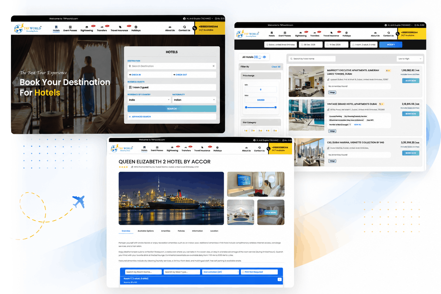 TRPgo platform search, results, and booking screens